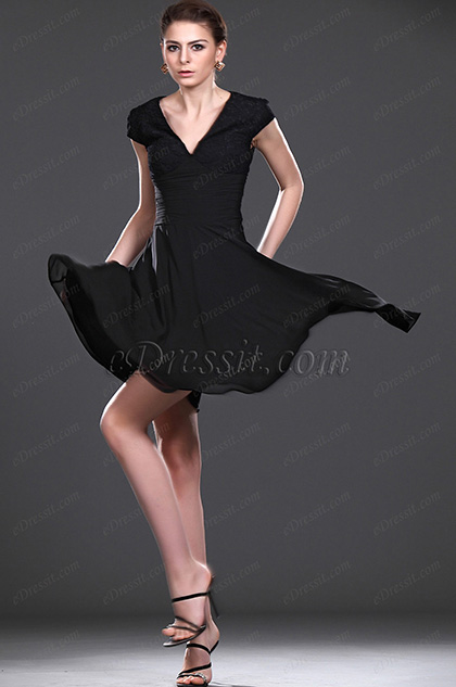 New V-neck Black Lace Party Dress