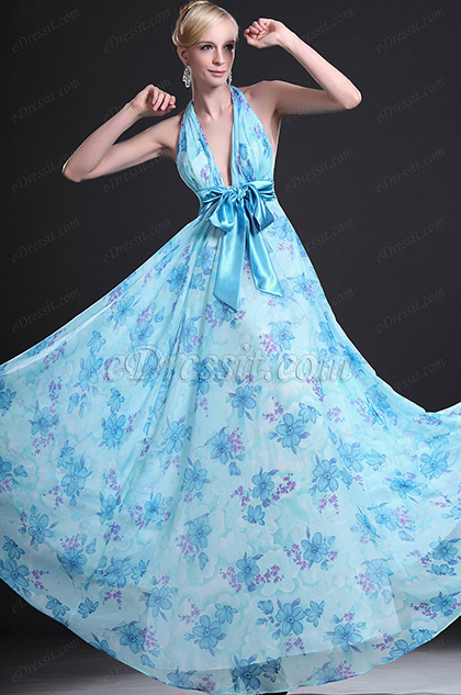 New Elegant Halter Floral Evening Dress