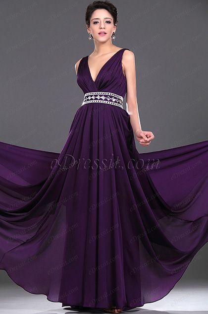 New Elegant V-cut Beaded Evening Dress