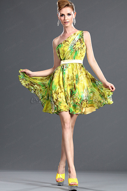 Elegant 100% silk One Shoulder Party Dress