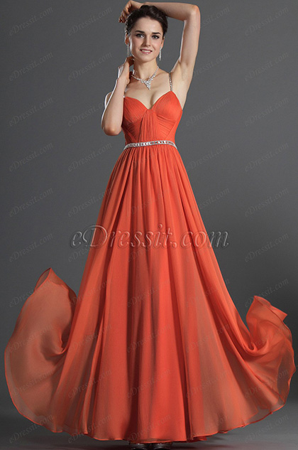 V cut Spaghetti Straps Evening Dress