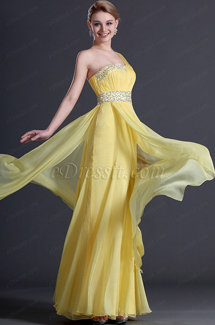 Glamorous Yellow One Shoulder Evening Dress