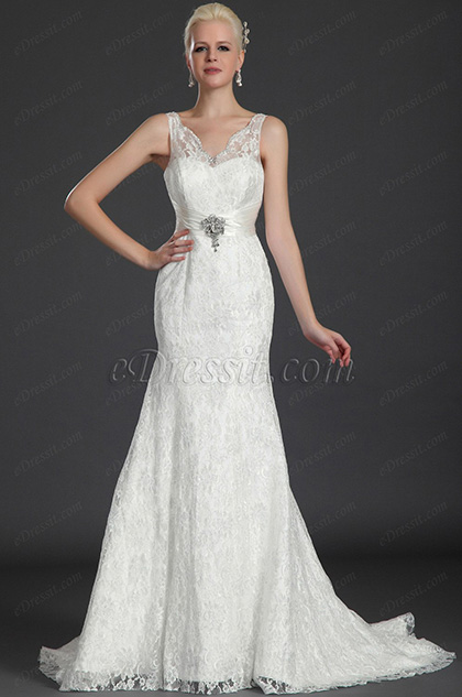 Hot Style V-cut Lace Wedding Gown Prom Gown