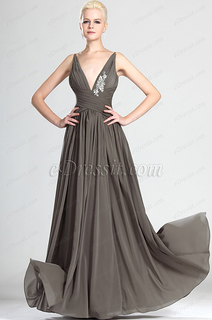 Elegant V-cut Brown Evening Dress