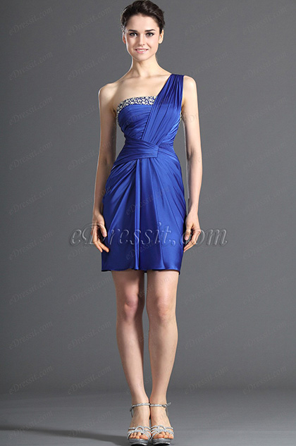 One Shouder Beadings Blue Party Dress