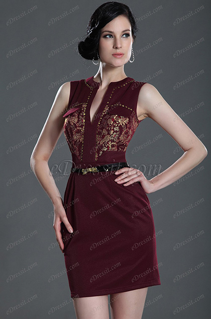 Wunderbar V Ausschnitt Dunkel Rot Party Kleid Arbeitkleid