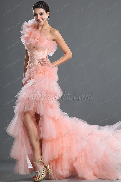 One Shoulder Pink Flowers Evening Dress