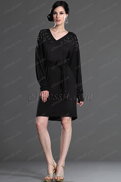 Schwarz Elegant V Halsausschnitt Tag Kleid