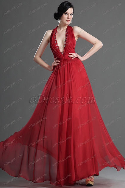 Sexy Halter Deep V cut Red Evening Dress