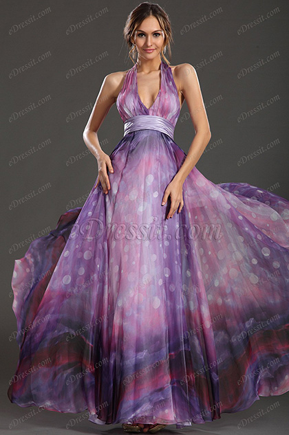 New Adorable Halter Printed Fabric Evening Dress