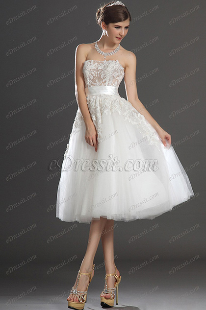 Lovely Short Strapless Lace Bodice Wedding Dress