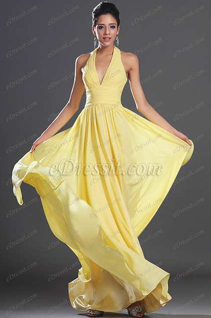 New Elegant Halter Yellow Evening Dress