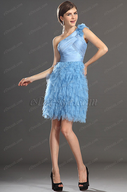 New Graceful One Shoulder Blue Cocktail Dress Party Dress