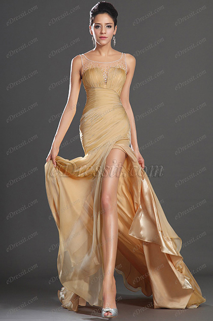 Sleeveless High Split Gold Chiffon Evening Dress