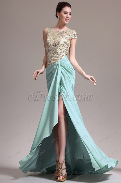 short sleeved Asymmetric sleeves Sequins Evening Dress