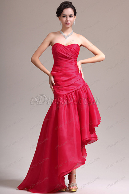 New Stylish Strapless Red Asymmetric Evening Dress