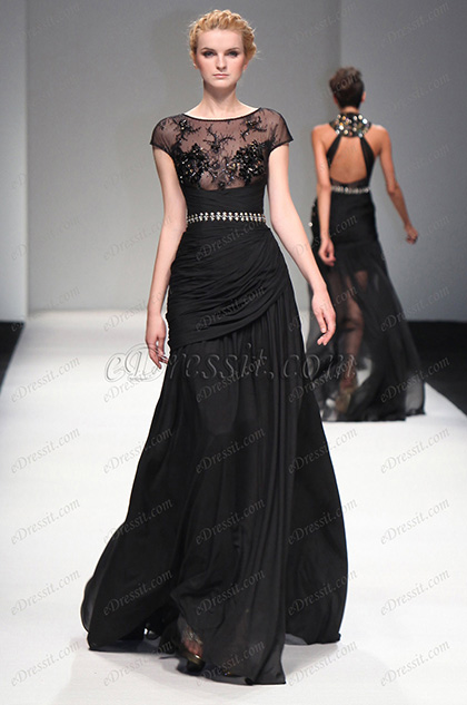 S/S Fashion Show Black Cap Sleeves Evening Dress Prom Gown