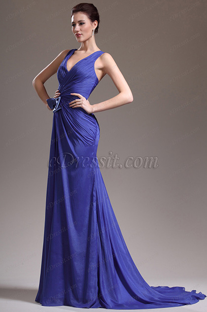 New Adorable Sexy V Cut Blue Evening Dress