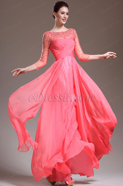 New Beads 3/4 Sleeve Prom Gown Mother of the Bride Dress