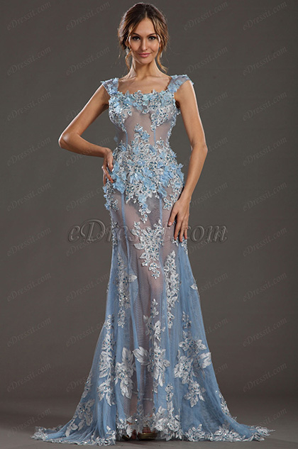 2013 S/S Fashion Show Sexy Lace Blue Evening Dress Prom Gown