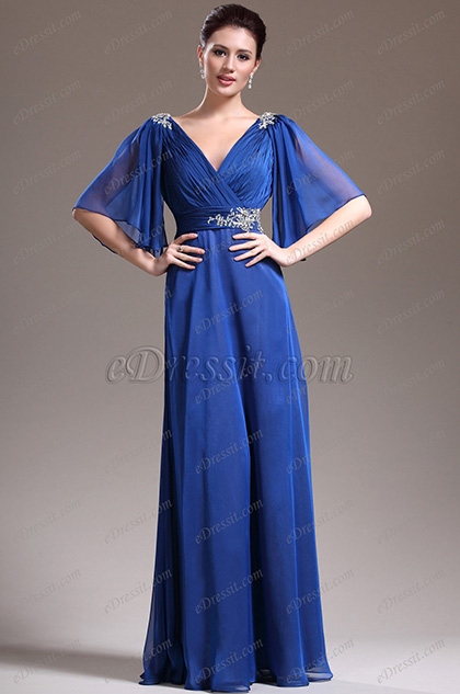 New Sexy V-Neck Blue Mother of the Bride Dress