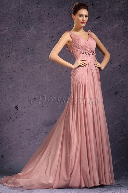 New V-cut Handmade Flowers Evening Dress