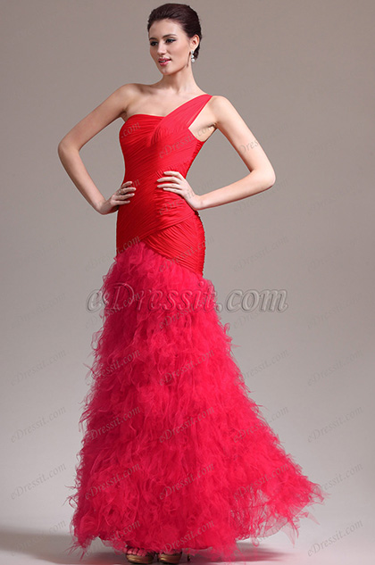 New Stylish Pleated Layers Skirt One Shoudler Red Evening Dress