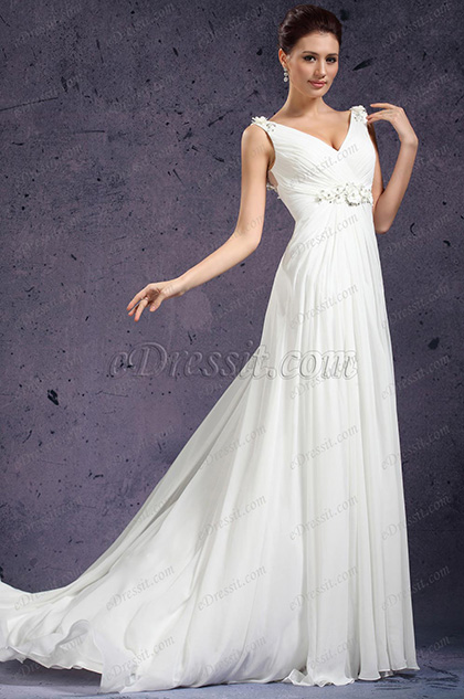 New V-cut Handmade Flowers Evening Dress Wedding Gown