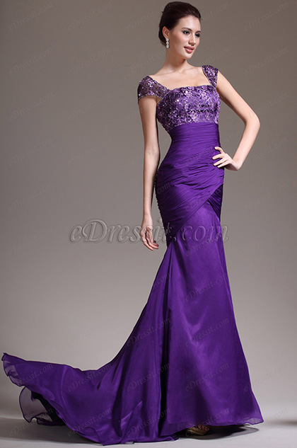 New Stylish Cap Sleeves Purple Evening Dress