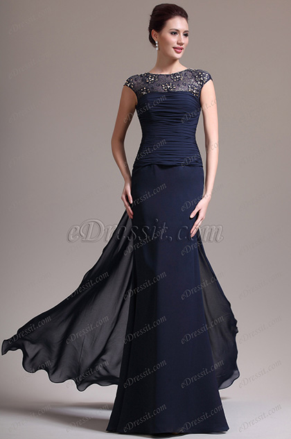 New Sexy Round Neck Lace Dark Blue Mother of the Bride Dress