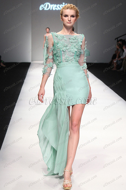 2013 S/S Fashion Show Handmade Flowers Green Cocktail Dress Party Dress