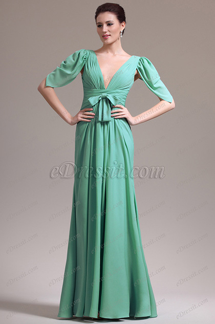 New Sexy Plunging V Neck Sleeves Evening Dress Prom Gown