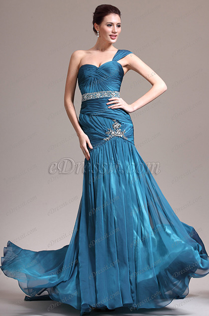 New One Shoulder Lovely Blue Evening Dress