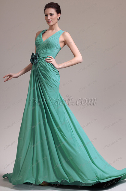 New Elegant Green V-cut Evening Dress