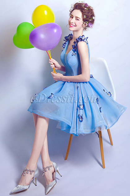 Belle Robe de Cocktail Courte Bleue En V-Col