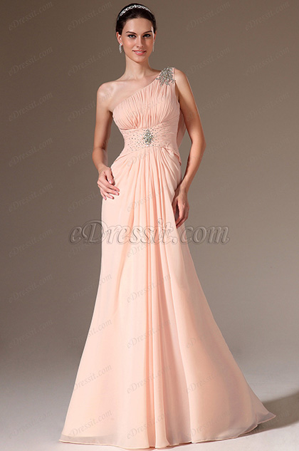 Pink One-Shoulder Lace Back Beaded Prom Dress