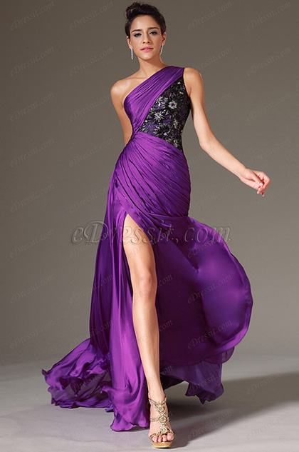 Purple One-Shoulder Lace Bodice Prom Dress