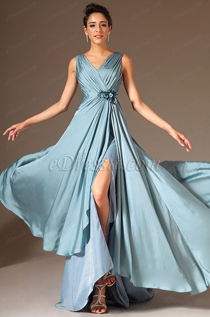 V-Neck High-Slit A-Line Evening Gown