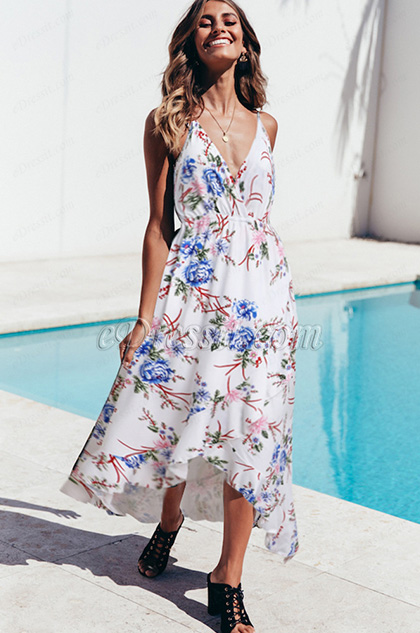 Robe d'été Imprimée V Col à Bretelles Fines