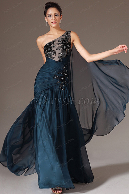 Dark Blue One-Shoulder Applique Top Ball Gown