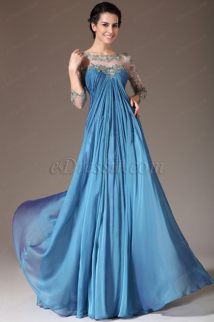 2014 Neu Blau Tülle Oben Stickerei Reich Abendkleid für Braut´s Mutter