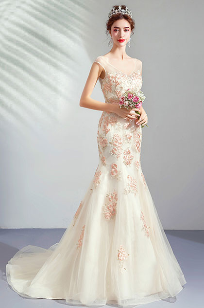 Deep V-Cut  Cap Sleeves Embroidery Party Wedding Dress