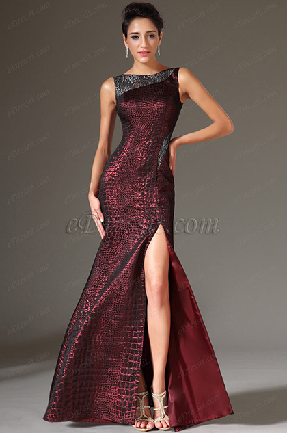 Lace Back High-Slit Burgundy Sheath Evening Gown