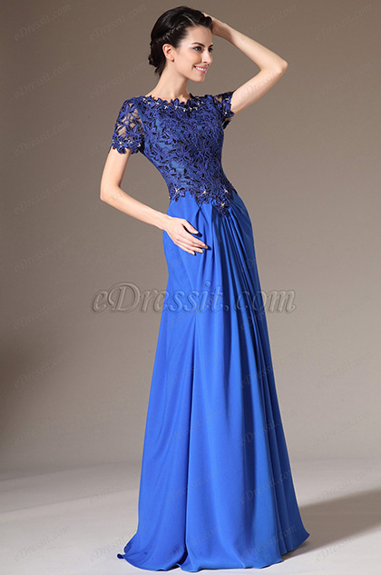 Blue Lace Top Short Sleeves Mother of the Bride Dress