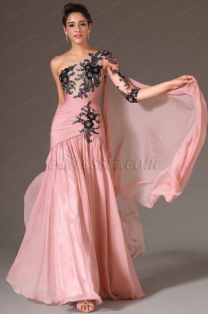 Pink One Shoulder Single Sleeve Evening Dress