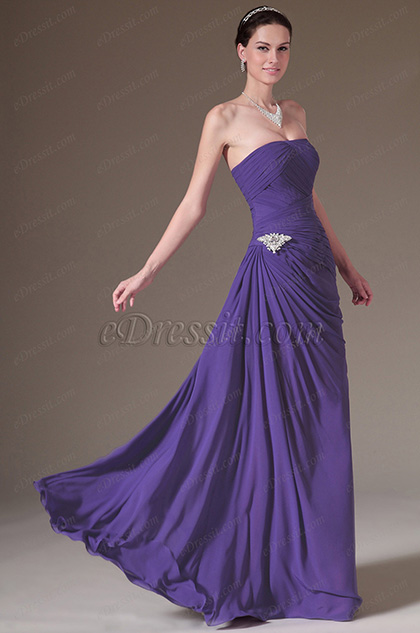 Purple Strapless Ruched A-Line Prom Dress