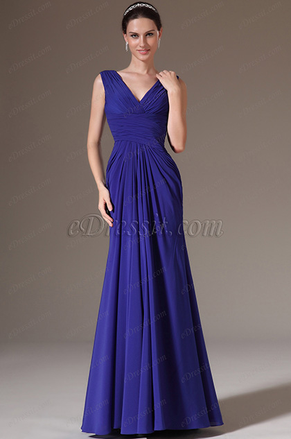 Blue V-Neck Lace Back Evening Dress