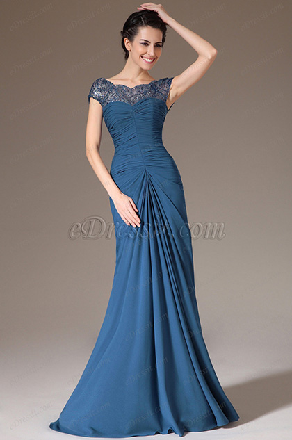 Blue Sequined Lace Top Prom Dress