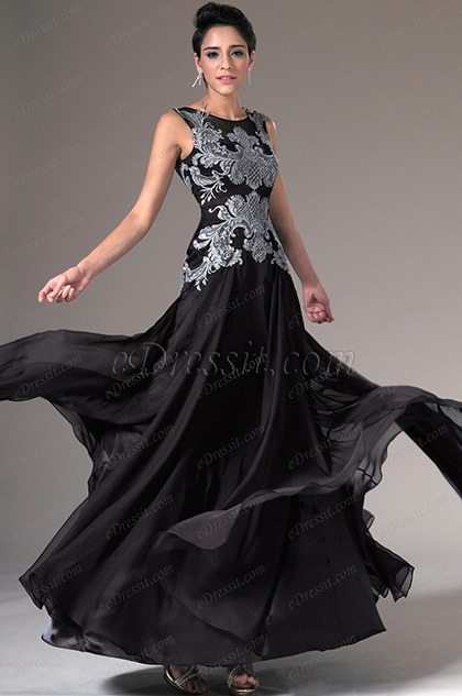 Black Sheer Top Embroidered Lace Evening Gown