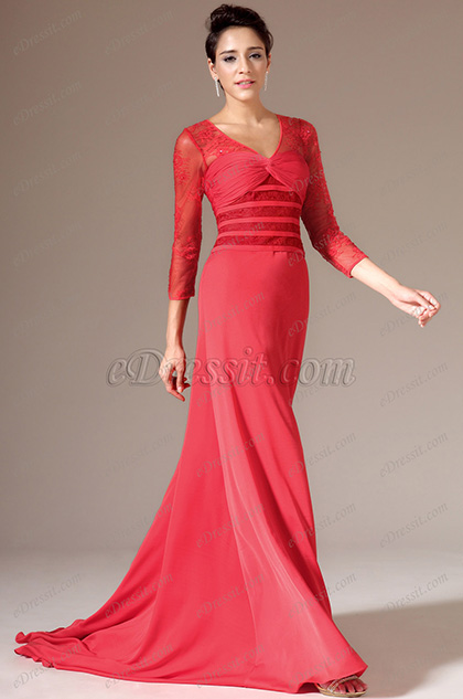 Red V-Neck Lace Sleeves Mother of the Bride Dress